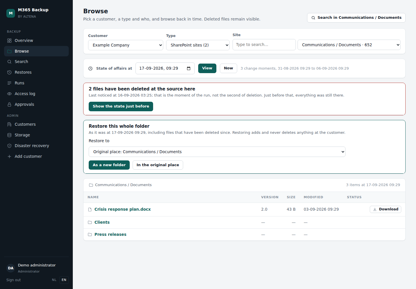 DataVault365 portal showing a document library and sample files