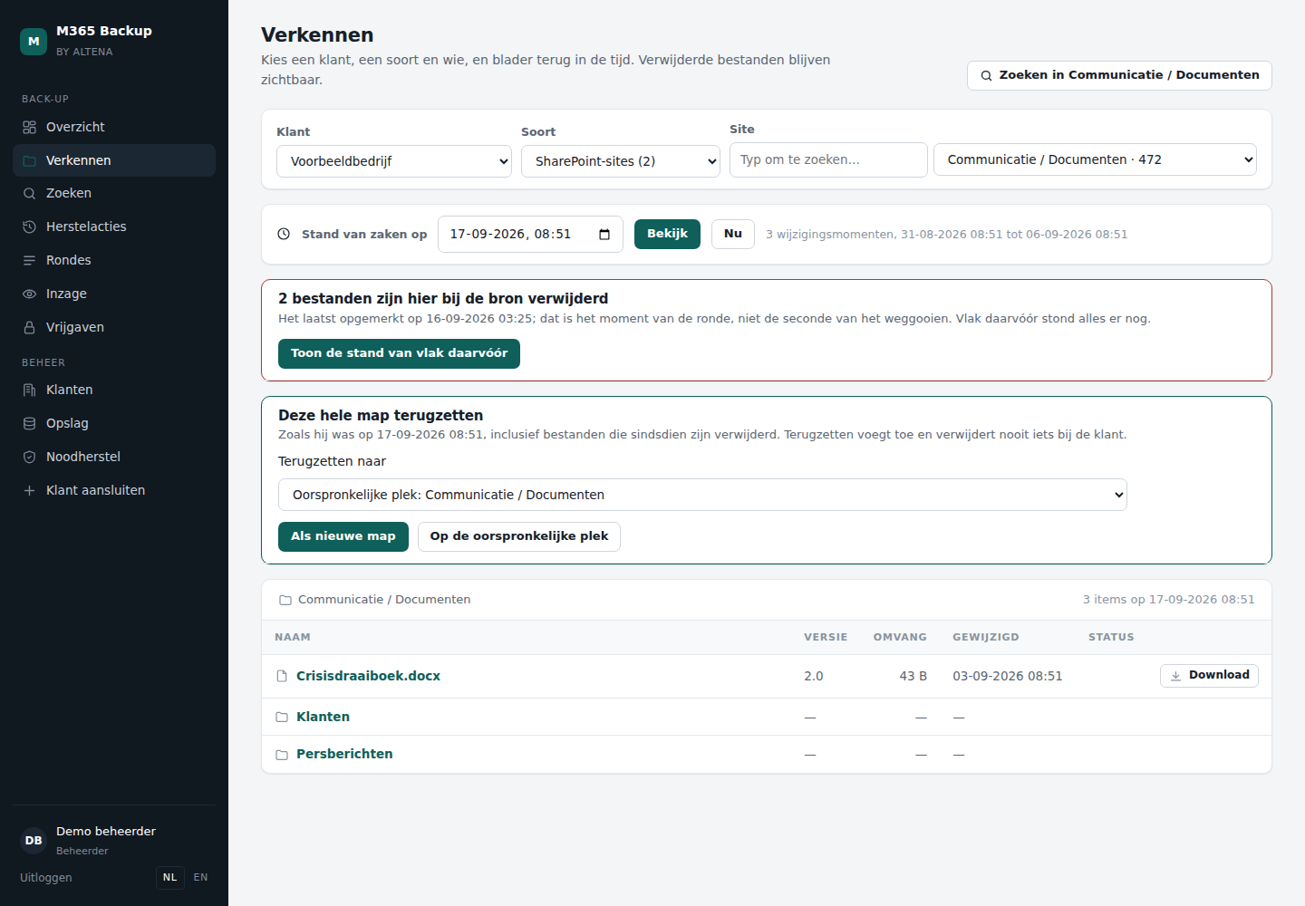 DataVault365-portaal met documentbibliotheek en voorbeeldbestanden